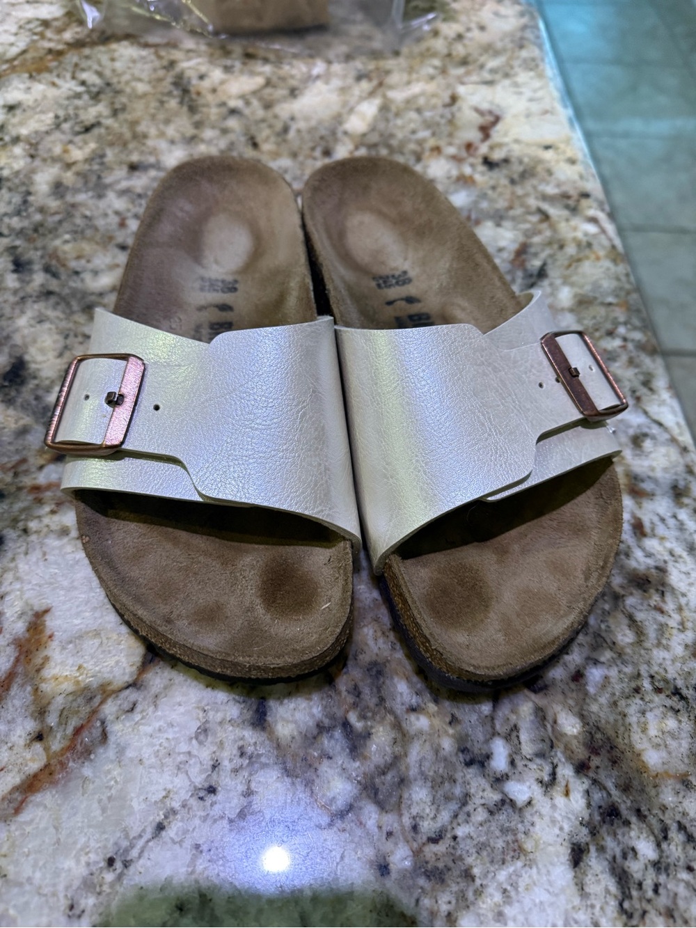 Birkenstock Iridescent White Single-Strap Slide